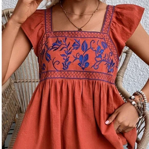 Boho Plants Embroidery Ruffle Trim Blouse Orange - Picture 2 of 3